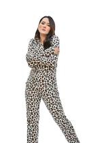 Pijama de Frio Aberto Manga Longa Estampado Suede Animal Print