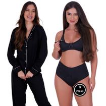 Pijama de Inverno com gola - c17 Mayara + Sutiã Amamentação + Calcinha Pós Parto Thamires