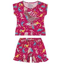 Pijama elian curto infantil menina dinossauro brilha no escuro azul ou rosa