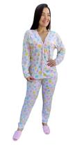 Pijama Feminino Aberto Com Botões Estampado Roupa de Dormir Inverno Manga Comprida