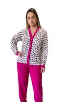 Pijama Feminino Aberto Com Botões Estampado Roupa de Dormir Inverno Manga Comprida