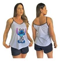 Pijama Feminino Adulto Alça Stitch Short Doll Curto De Verão