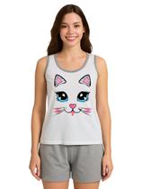 Pijama Feminino Adulto Regata e Short Estampa Gatinha