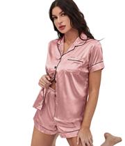 Pijama Feminino Americano Maitê Cetim Liso Short com Manga Curta - Rosa