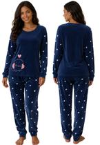 Pijama Feminino Aveludado Manga Longa Super Confortável Cor:AzulTamanho:GG