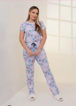 Pijama Feminino Básico Longo Manga Curta Estrelas
