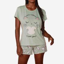 Pijama Feminino Camiseta Curto Gato