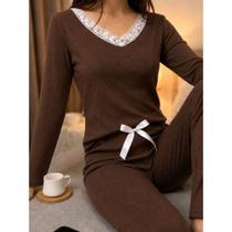Pijama Feminino Canelado Inverno de Frio Quentinho Manga Longa Calça Comprida Emilia