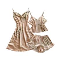 Pijama feminino com estampa cereja sexy moda halter vestido conjunto de pijama feminino de 3 peças