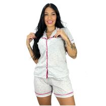 Pijama Feminino com Gola Americano Conjunto Blusa Short Dormir Botão Liso Confortável Manga Curta