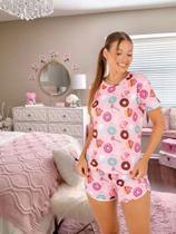 Pijama feminino conjunto blusa manga curta e short desenho Donuts linha premium alta elasticidad Pijama feminino conjunto blusa manga curta e short desenho Donuts linha premium alta elasticidad