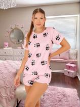 Pijama feminino conjunto blusa manga curta e short desenho Panda linha premium alta elasticidad