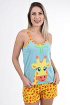 Pijama Feminino Curto Baby Doll Malha Girafa Estampado Adulto Alça Fina