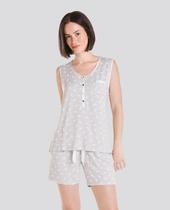 Pijama Feminino Curto Macio com Estampa de Penas Cinza Lohe Pijama Feminino Curto Macio com Estampa de Penas Cinza Lohe