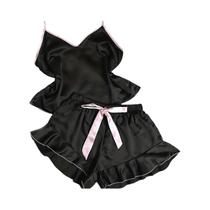 Pijama Feminino De Cetim Liso Com Decote Em V, Shorts Com Babados E Laço, Conjunto De Pijama