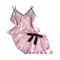 Pijama Feminino De Cetim Liso Com Decote Em V, Shorts Com Babados E Laço, Conjunto De Pijama