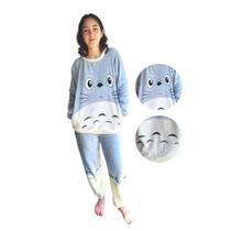 Pijama Feminino de Frio Totoro Peluciado Macio Flanela Ultra Soft Fleece Manga Longa Calça e Blusa Lovely