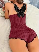 Pijama Feminino de Verão com Bordado e Renda, Macacão Confortável com Borboleta nas Costas Pijama Feminino de Verão com Bordado e Renda, Macacão Confortável com Borboleta nas Costas