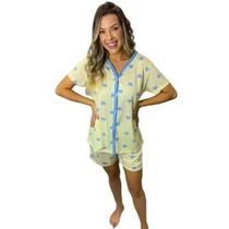 Pijama Feminino Estampado Adulto Baby Doll Roupa De Dormir Com Botões Amamentação