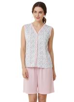 Pijama Feminino Estampado Alça Pescador Gola V Blusa Botão Bermuda Senhora Grávida Dormir