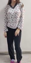 Pijama feminino estampado, manga longa em suede