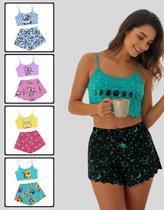 Pijama Feminino Estampas Divertidas, Conjunto Cropped Alça e Short Malha Premium