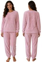 Pijama Feminino Fechado Aveludado Com Relevo Calça Comprida Cor:RosaTamanho:GG