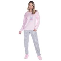 Pijama Feminino Fechado Confortável Blusa Manga Longa Estampada e Calça Tecido Plush Quentinho