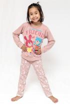 Pijama feminino infantil em moletinho felpado rosa estampado bichinhos