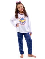 Pijama Feminino Infantil Longo Mulher Maravilha Azul Manga Longa Fechado