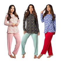 Pijama Feminino Inverno kit com 3 blusa manga longa estampada calça comprida lisa toque quante macio