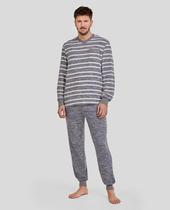 Pijama Feminino Listrado Macio em Algodão Azul Marinho Lohe Pijama Feminino Listrado Macio em Algodão Azul Marinho Lohe
