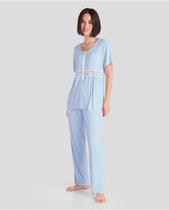 Pijama Feminino Longo Canelado com Renda Azul Celeste Lohe