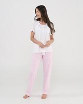 Pijama Feminino Longo de Malha Macio com Flores Rosa Lohe Pijama Feminino Longo de Malha Macio com Flores Rosa Lohe