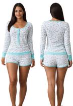 Pijama Feminino Macaquinho Com Botões Manga Longa e Short