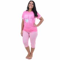 Pijama Feminino Manga Curta Calça Curta Bermudão Pescador Star