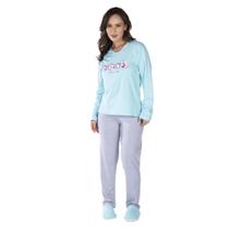 Pijama Feminino Manga Longa Calça Listrada Adulto Canelado Quentinho Inverno Estampado Victory