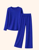 Pijama Feminino Manga Longa Canelado Confortável Tamanho:GCor:Azul Marinho