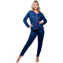 Pijama Feminino Modelo Americano Aberto com Botões Meia Malha Manga Longa e Calça De inverno - Dione