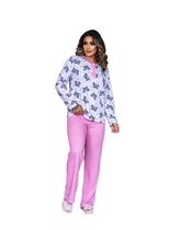 Pijama Feminino Moletim Calça Comprida Manga Longa Gatinho Pets Inverno Flanelado