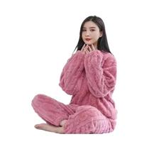 Pijama Feminino plus Size De Flanela Quente E Grosso, Manga Comprida, Listrado Sólido, Preto, Outono