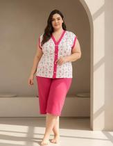 Pijama Feminino Plus Size Pescador Estampa Floral Manga Curta Botão Gola V Bermuda Conjunto Dormir Pijama Feminino Plus Size Pescador Estampa Floral Manga Curta Botão Gola V Bermuda Conjunto Dormir