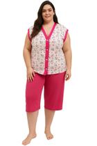 Pijama Feminino Plus Size Pescador Estampa Floral Manga Curta Botão Gola V Bermuda Conjunto Dormir Pijama Feminino Plus Size Pescador Estampa Floral Manga Curta Botão Gola V Bermuda Conjunto Dormir