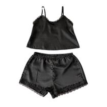 Pijama Feminino Silk Cetim com Renda Conjunto Blusa + Short Blusa Versátil para Uso Casual Cor:PretoTamanho:G Pijama Feminino Silk Cetim com Renda Conjunto Blusa + Short Blusa Versátil para Uso Casual Cor:PretoTamanho:G