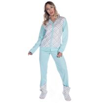 Pijama Femino Americano Aberto Confortável Blusa Manga Longa Estampada e Calça Canelado Com Botões