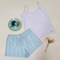 Pijama Floral Feminino Em Malha Modal Com Estampa Digital Cor Azul e Branca Pijama Floral Feminino Em Malha Modal Com Estampa Digital Cor Azul e Branca