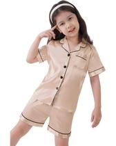 Pijama Infantil Americano Unissex Cetim de Seda com Elastano Short e Camisa Manga Curta botões e Bolso - Champanhe