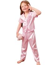 Pijama Infantil Àtena Americano Cetim de Seda com Elastano Calça e Camisa Manga Curta botões e Bolso - Rosa
