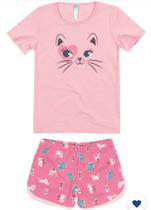 Pijama Infantil Brilha no Escuro, Blusa gatinha rosa e shorts estampado de gatinhas. Malwee Kids