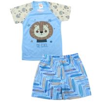 PIjama Infantil Camiseta Azul e Bege Estampa de Leãozinho